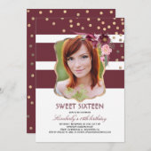 ブルゴーニュフローラと金ゴールドフォト誕生日スウィート16 招待状 (正面/裏面)