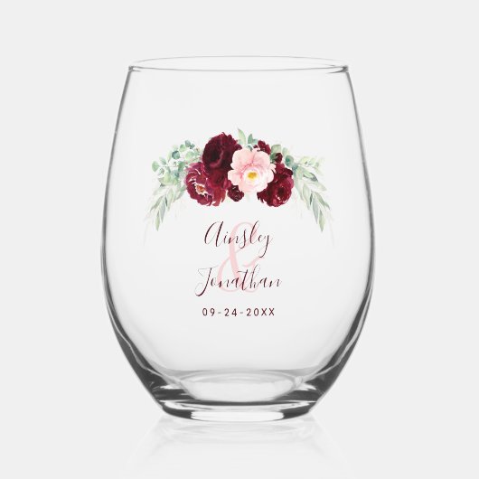 ブルゴーニュフローラアンパサンド結婚モノグラム ステムなしワイングラス (正面)