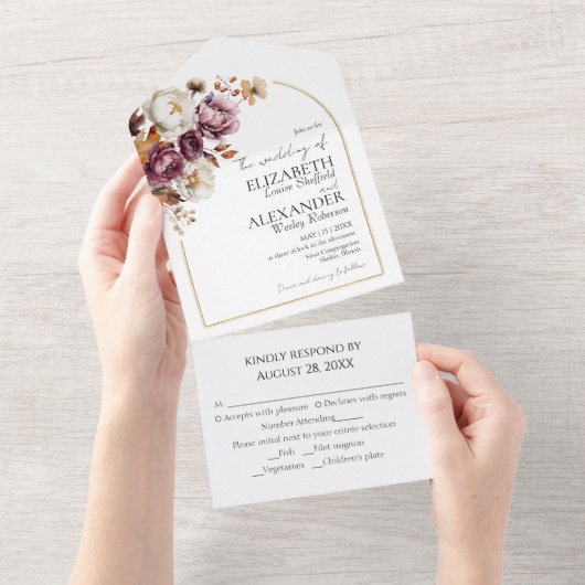 ブルゴーニュフローラアーチ金ゴールド | 秋の秋の結婚式 オールインワン招待状 (貼ってはがせる)