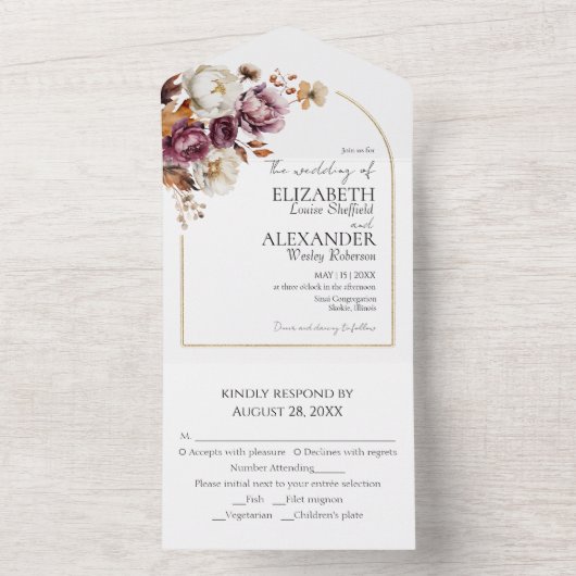 ブルゴーニュフローラアーチ金ゴールド | 秋の秋の結婚式 オールインワン招待状 (内側)