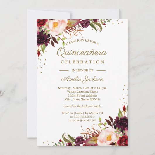 ブルゴーニュフローラウォーターカラー金ゴールドキンセアニェラ招待状 招待状 (正面)