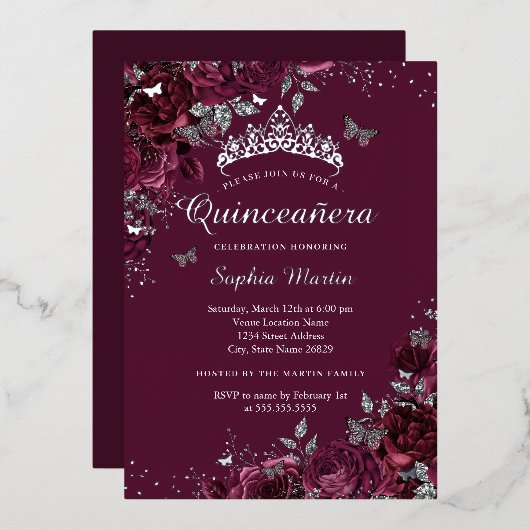 ブルゴーニュフローラエレガントシルバーキンセアニェラ 箔招待状 (正面/裏面)