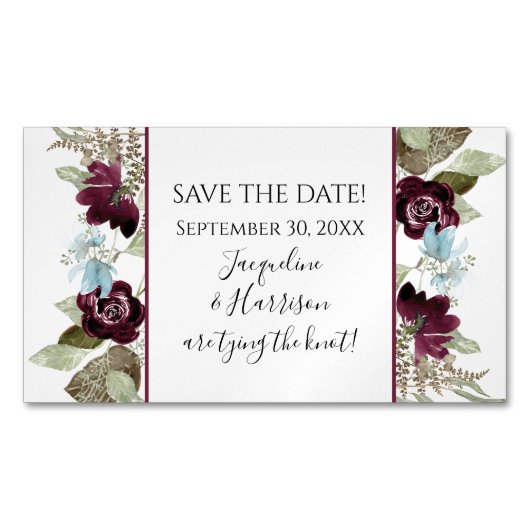 ブルゴーニュフローラエレガントダスティブルー日付を保存 マグネット名刺 (正面)