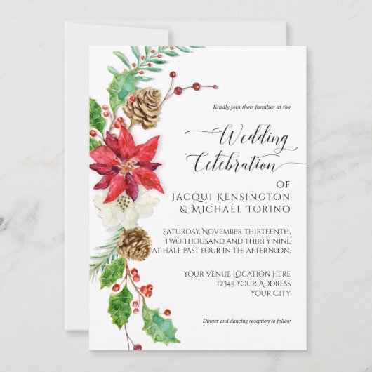 ブルゴーニュフローラクリスマスグリーン金ゴールドホリー結婚ズ 招待状 (正面)