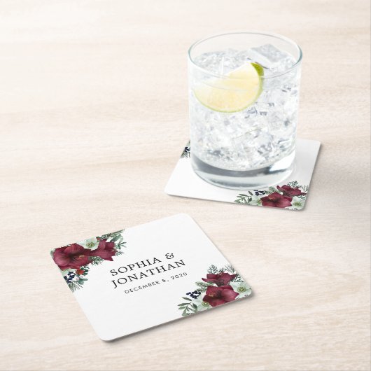 ブルゴーニュフローラクリスマステーマ冬の結婚式 スクエアペーパーコースター (インサイチュ)