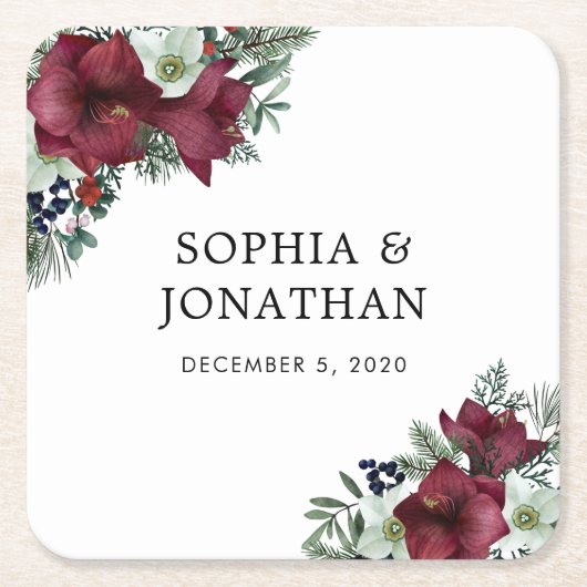 ブルゴーニュフローラクリスマステーマ冬の結婚式 スクエアペーパーコースター (正面)