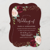 ブルゴーニュフローラグリッター秋秋の結婚式の招待 招待状 (正面/裏面)