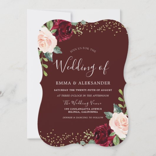 ブルゴーニュフローラグリッター秋秋の結婚式の招待 招待状 (正面)