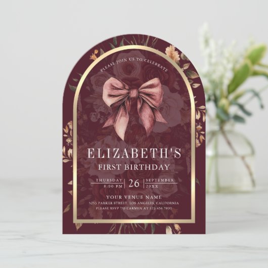 ブルゴーニュフローラコケットボウアーチファースト誕生日 招待状 (スタンド正面)