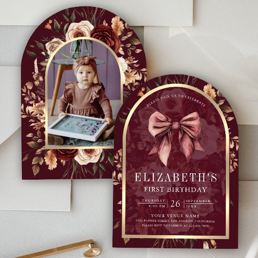 ブルゴーニュフローラコケットボウアーチファースト誕生日 招待状