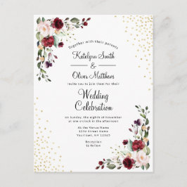 ブルゴーニュフローラゴールドフォイルウォーター結婚カラー インビテーションポストカード