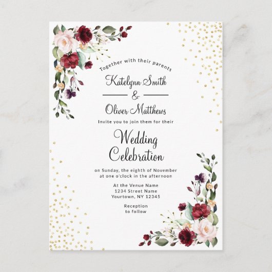 ブルゴーニュフローラゴールドフォイルウォーター結婚カラー インビテーションポストカード (正面)