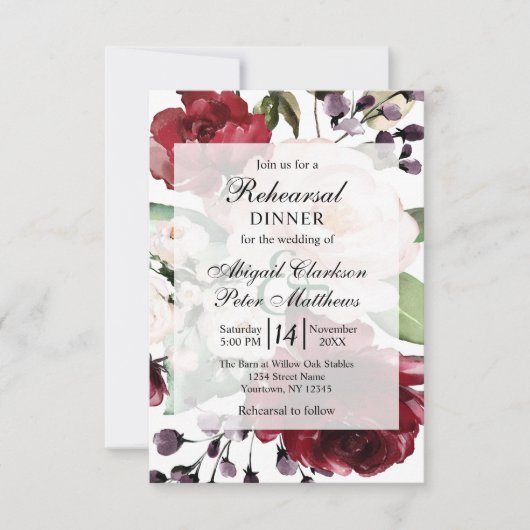 ブルゴーニュフローラゴールド結婚フォイルのリハーサルディナー 招待状 (正面)