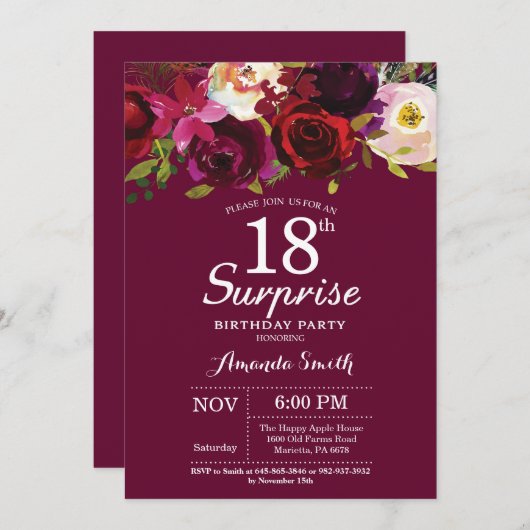 ブルゴーニュフローラサプライズ18thバースデーパーティー 招待状 (正面/裏面)
