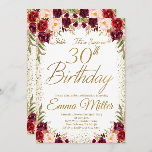 ブルゴーニュフローラサプライズ30歳の誕生日 招待状 (正面/裏面)