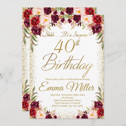 ブルゴーニュフローラサプライズ40歳の誕生日 招待状 (正面/裏面)