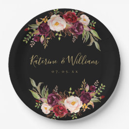 ブルゴーニュフローラシックブラック金ゴールド婚約パーティ ペーパープレート