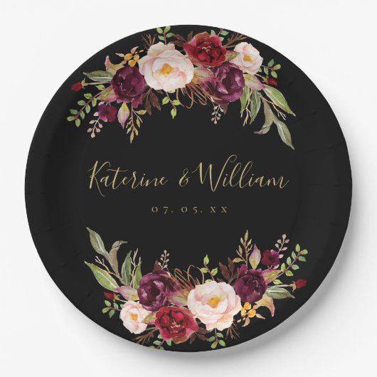 ブルゴーニュフローラシックブラック金ゴールド婚約パーティ ペーパープレート (正面)