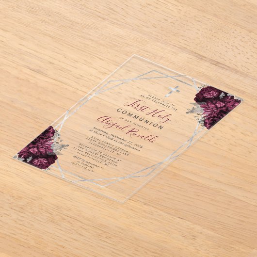 ブルゴーニュフローラシルバーフレーム最初の聖餐式 アクリル招待状 (レイダウン)