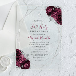 ブルゴーニュフローラシルバーフレーム最初の聖餐式 アクリル招待状