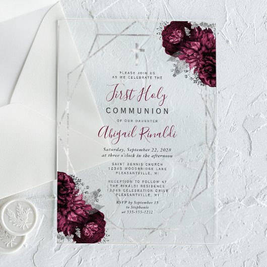 ブルゴーニュフローラシルバーフレーム最初の聖餐式 アクリル招待状