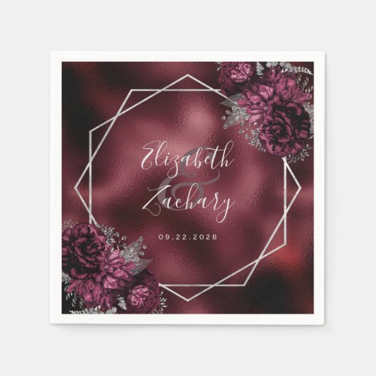 ブルゴーニュフローラシルバー結婚幾何学模様 スタンダードカクテルナプキン (正面)