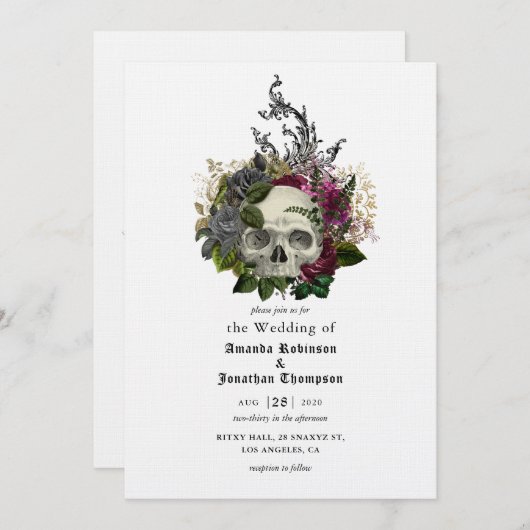 ブルゴーニュフローラスカルハロウィーンゴシック結婚ズInv 招待状 (正面/裏面)