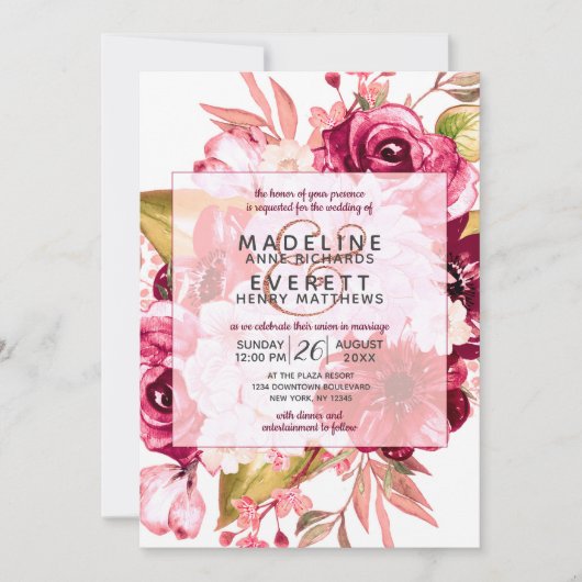 ブルゴーニュフローラスクエアフレーム結婚式招待状 招待状 (正面)