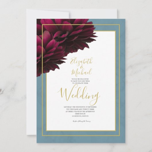 ブルゴーニュフローラダスティブルーブルー金ゴールドエレガントな結婚式 招待状 (正面)