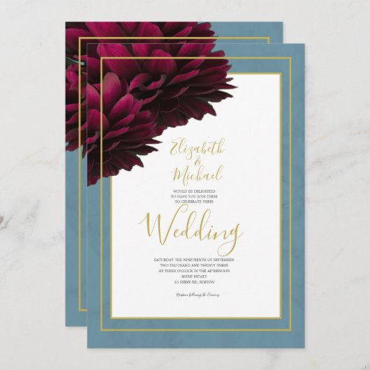 ブルゴーニュフローラダスティブルーブルー金ゴールドエレガントな結婚式 招待状 (正面/裏面)