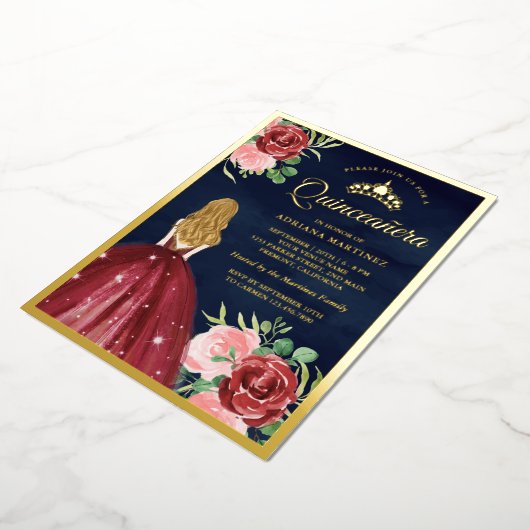 ブルゴーニュフローラドレスネイビーブルーキンセアニェラ金ゴールド 箔招待状 (回転した状態)