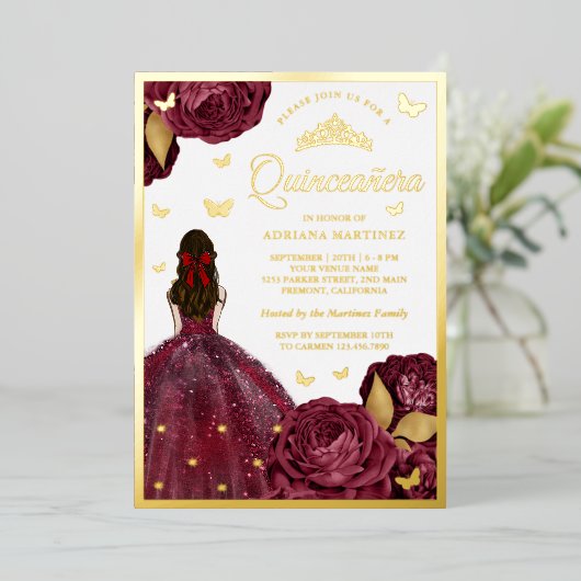 ブルゴーニュフローラドレスバタフライキンセアニェラ金ゴールド 箔招待状 (立ち正面)