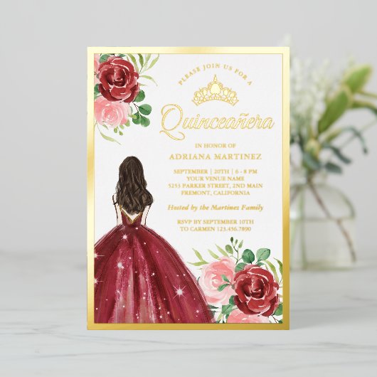 ブルゴーニュフローラドレスプリンセスキンセアニェラ金ゴールド 箔招待状 (立ち正面)