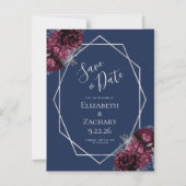 ブルゴーニュフローラネイビーシルバーウェディング日付を保存 マグネット招待状 (正面)