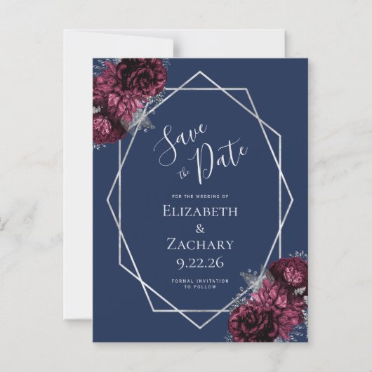 ブルゴーニュフローラネイビーシルバーウェディング日付を保存 マグネット招待状 (正面)