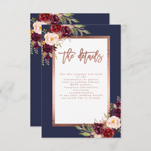 ブルゴーニュフローラネイビーバラ結婚金ゴールド詳細 エンクロージャーカード (正面/裏面)