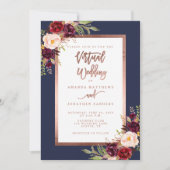 ブルゴーニュフローラネイビーバラ金ゴールド結婚Virtual 招待状 (正面)