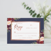 ブルゴーニュフローラネイビーブルーバラ金ゴールド結婚スクリプト 出欠カード (スタンド正面)