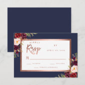 ブルゴーニュフローラネイビーブルーバラ金ゴールド結婚スクリプト 出欠カード (正面/裏面)