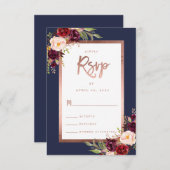 ブルゴーニュフローラネイビーブルーバラ金ゴールド結婚スクリプト 出欠カード (正面/裏面)