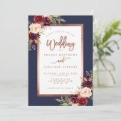 ブルゴーニュフローラネイビーブルーバラ金ゴールド結婚スクリプト 招待状 (スタンド正面)