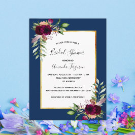 ブルゴーニュフローラネイビーブルーブライダルシャワー招待 ポストカード
