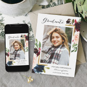 ブルゴーニュフローラネイビーブルー写真卒業パーティー 招待状