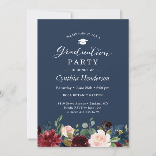ブルゴーニュフローラネイビーブルー写真卒業パーティー 招待状 (裏面)