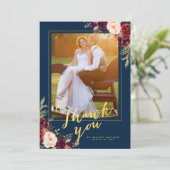 ブルゴーニュフローラネイビーブルー金ゴールド写真結婚ズ サンキューカード (スタンド正面)