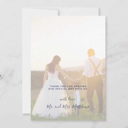 ブルゴーニュフローラネイビーブルー金ゴールド写真結婚ズ サンキューカード (裏面)