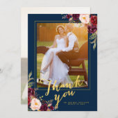 ブルゴーニュフローラネイビーブルー金ゴールド写真結婚ズ サンキューカード (正面/裏面)