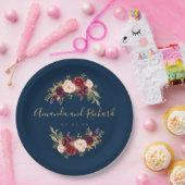 ブルゴーニュフローラネイビーブルー金ゴールド婚約パーティ ペーパープレート (パーティー)