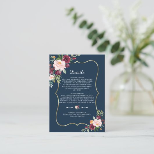 ブルゴーニュフローラネイビーブルー金ゴールド結婚ズ詳細 エンクロージャーカード (スタンド正面)