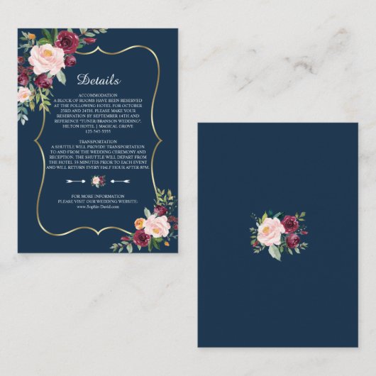 ブルゴーニュフローラネイビーブルー金ゴールド結婚ズ詳細 エンクロージャーカード (正面/裏面)